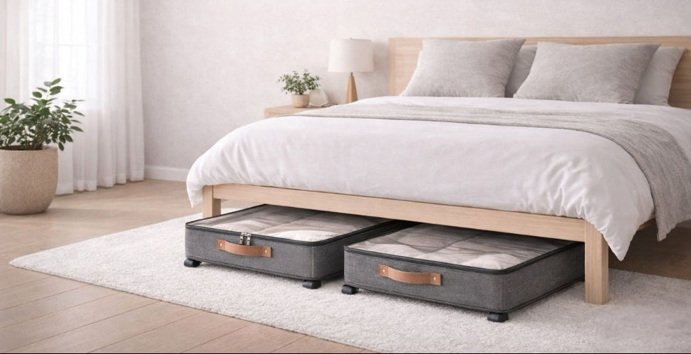A clean, minimalist bedroom featuring a STOROX under bed storage box neatly tucked away to maximize space.